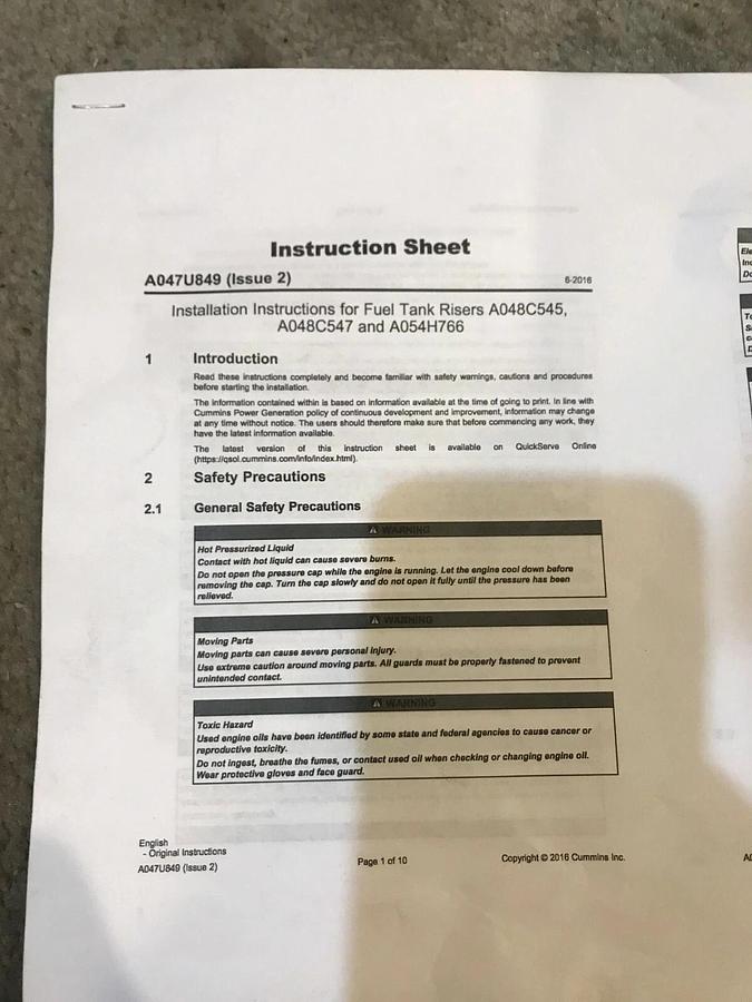 Cummins P/N: A048C547 | Generator Fuel Tank Risers | Kit, Fuel System