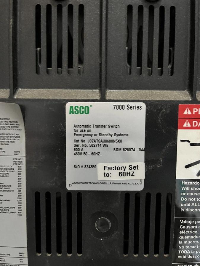 Used New 600 Amp 480V ASCO J07AUSA30600N5XC Automatic Transfer Switch - S/N: 582714WE