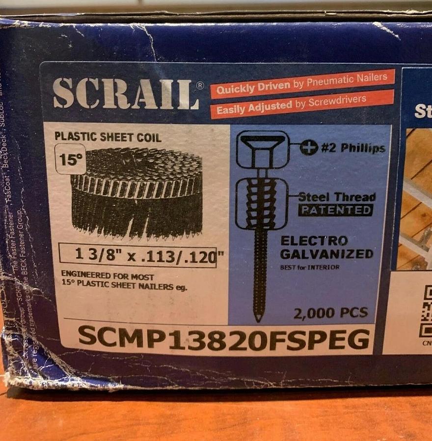 Used Scrail Fasco Collated Nail Screw Fasteners 1 3/8" Plastic Sheet Coil (2000 Pack)