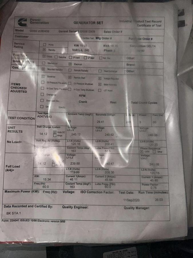 Used 15kw Cummins C15D6 Stationary Diesel Generator