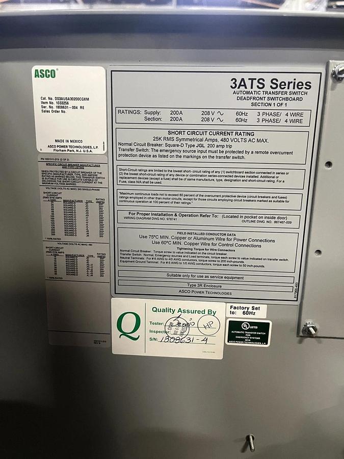 Used 200A 208V ASCO D03AUSA30200CGXM Automatic Transfer Switch - S/N: 1808631-004RE