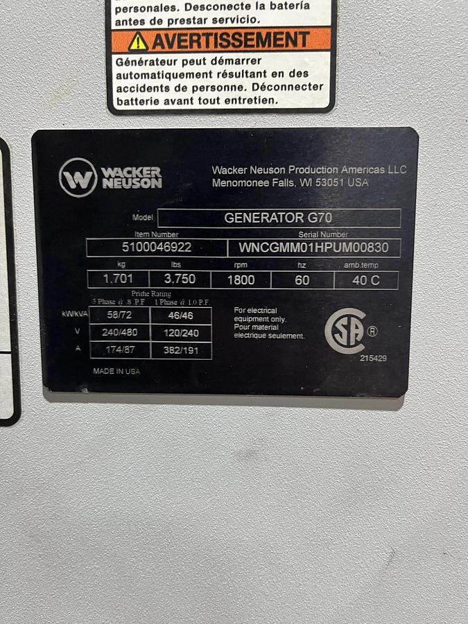 Used 70kva Wacker Neuson G70 Mobile Diesel Generator - S/N: WNCGMM01HPUM00830