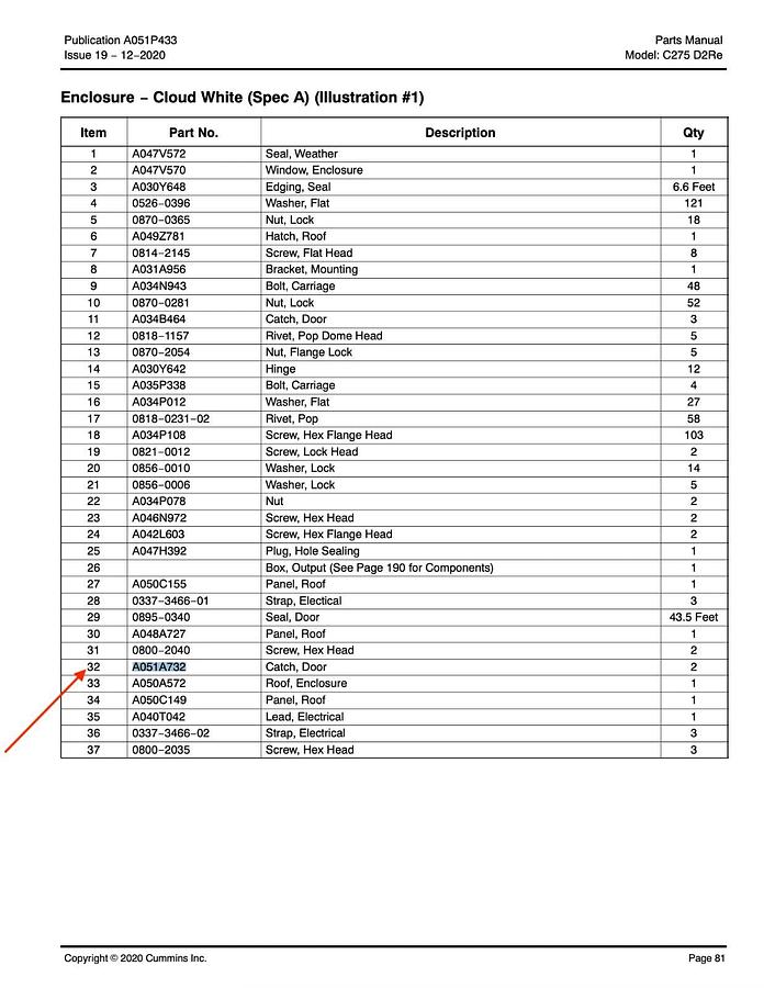 Used (4 Pack) New Style Cummins Generator Door Catch C275D2RE | P/N: A051A732