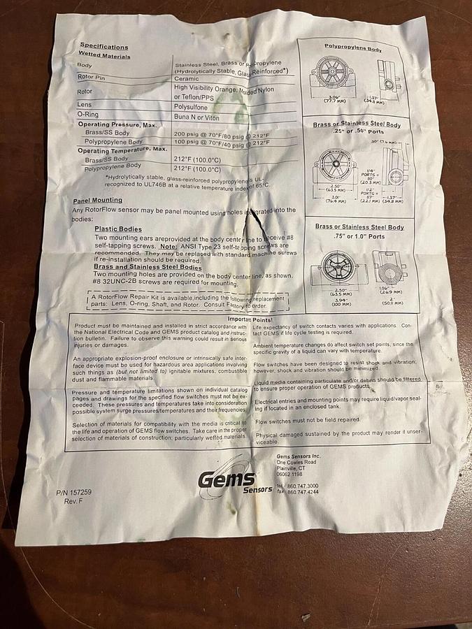 Gems RFI-2500 Brass RotorFlow Sensor - P/N: 203683