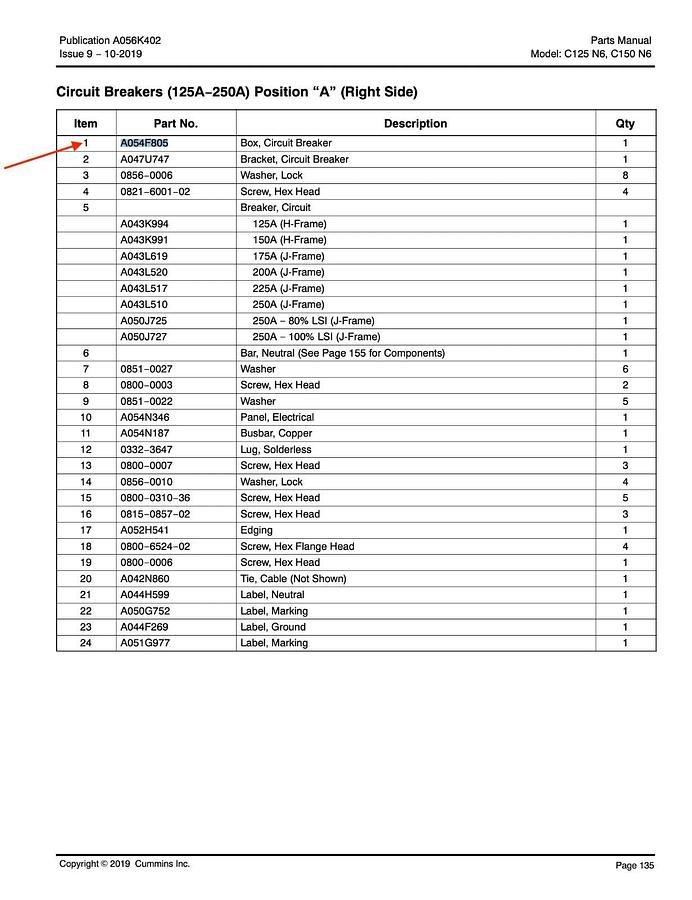 Used Cummins P/N: A054F805 Circuit Breaker Box | Made For: C125N6 C150N6 Generator
