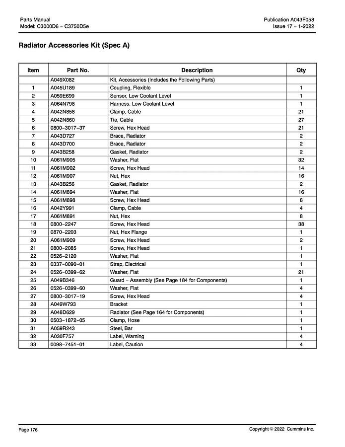 Used New Genuine OEM Cummins Radiator Accessories Kit (Spec A) | P/N: A049X082