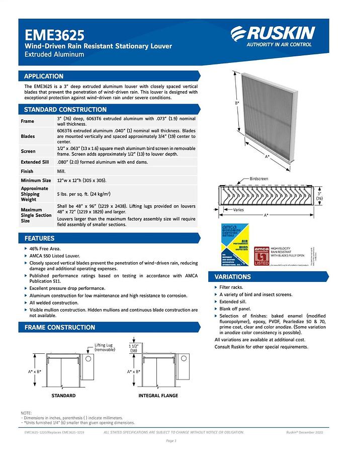 New Ruskin Aluminum Louver EME3625 | 73.5" Long x 36.75" Wide x 3" High