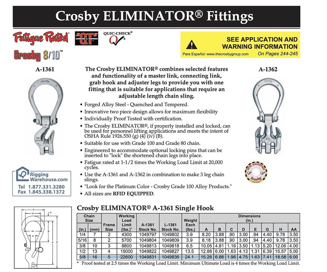 New Crosby A-1361 Eliminator 5/8" Single Grab Hook | 22,600 lbs. 1049831 GR 100