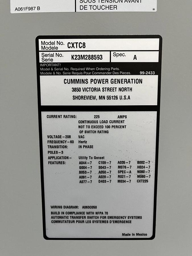 Used 225A 208VAC Cummins CXTC8 Spec. A Automatic Transfer Switch - S/N: K23M288593