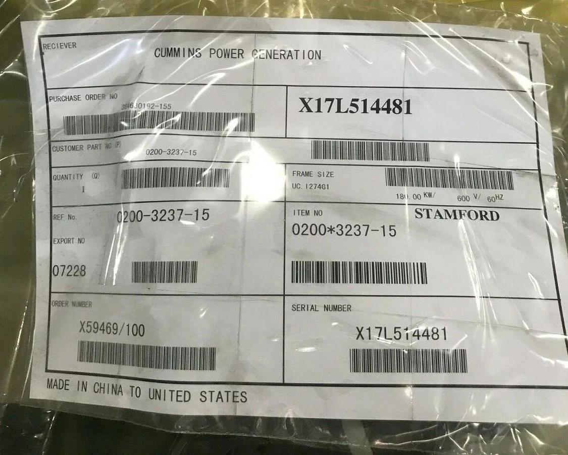Used New 180kW Stamford Alternator UCI274G1 600V 3PH PN: 200-3237-15 | SN: X17L514481