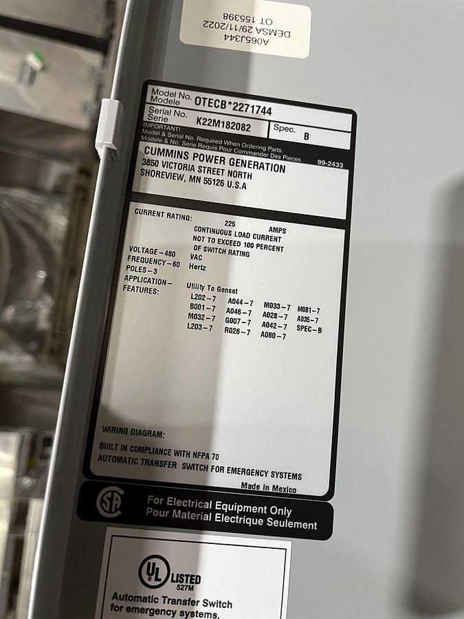 New 225A 480VAC Cummins OTECB Spec. B Automatic Transfer Switch