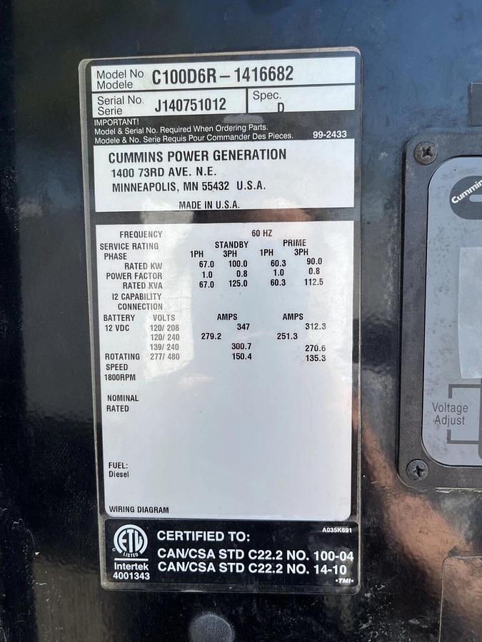 100kW Cummins C100D6R Mobile Diesel Generator - S/N: J140751012 (New Engine!)