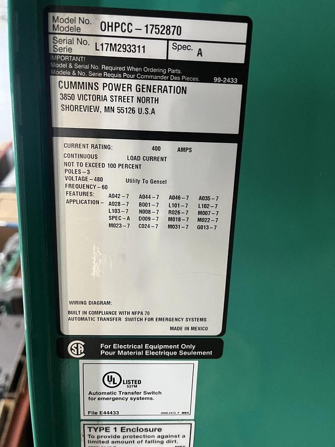 Used 400 Amp 480VAC OHPCC Spec. A Automatic Transfer Switch - S/N: L17M293311