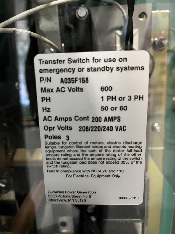 200 Amp 240VAC Cummins OTECSEB Spec. C Automatic Transfer Switch - S/N: D23M229714