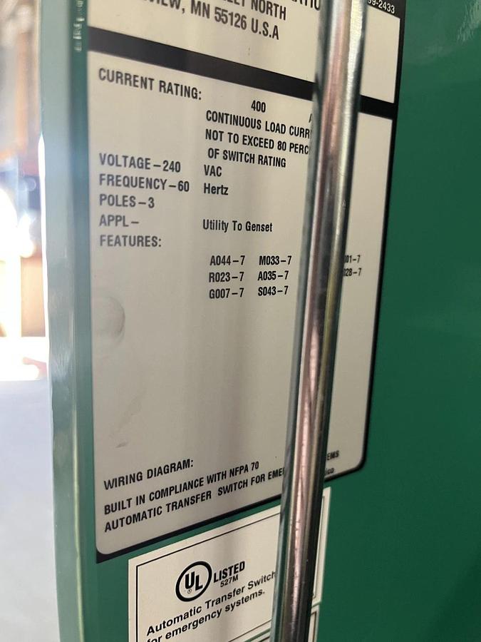 Used 400 Amp Cummins OTECSEC Spec. A Automatic Transfer Switch - S/N: H21M965465