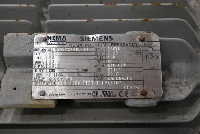 Unused Siemens 50 HP AC Motor, 3535 RPM, 460 Volts, Unused #40070