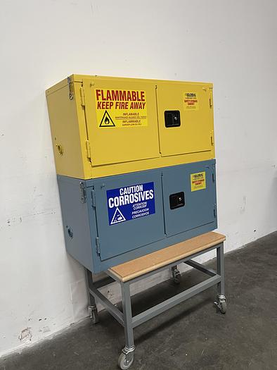 Used Global 15 Gallon Flammable Stacked Cabinet 43"x19"x22" w/ Global Acid Cabinet
