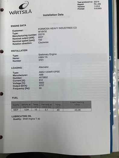 Promoted Wartsila W18V32 with ABB generator excellent condition very low hours.