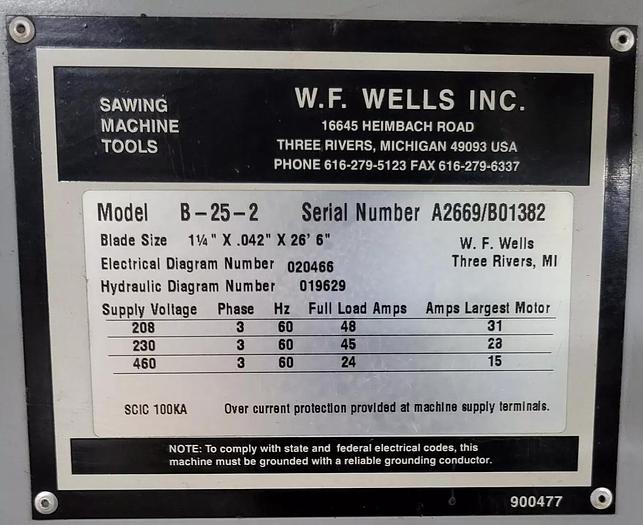 Used WF Wells B-25-2 Horizontal Bandsaw 25" x 40" capacity