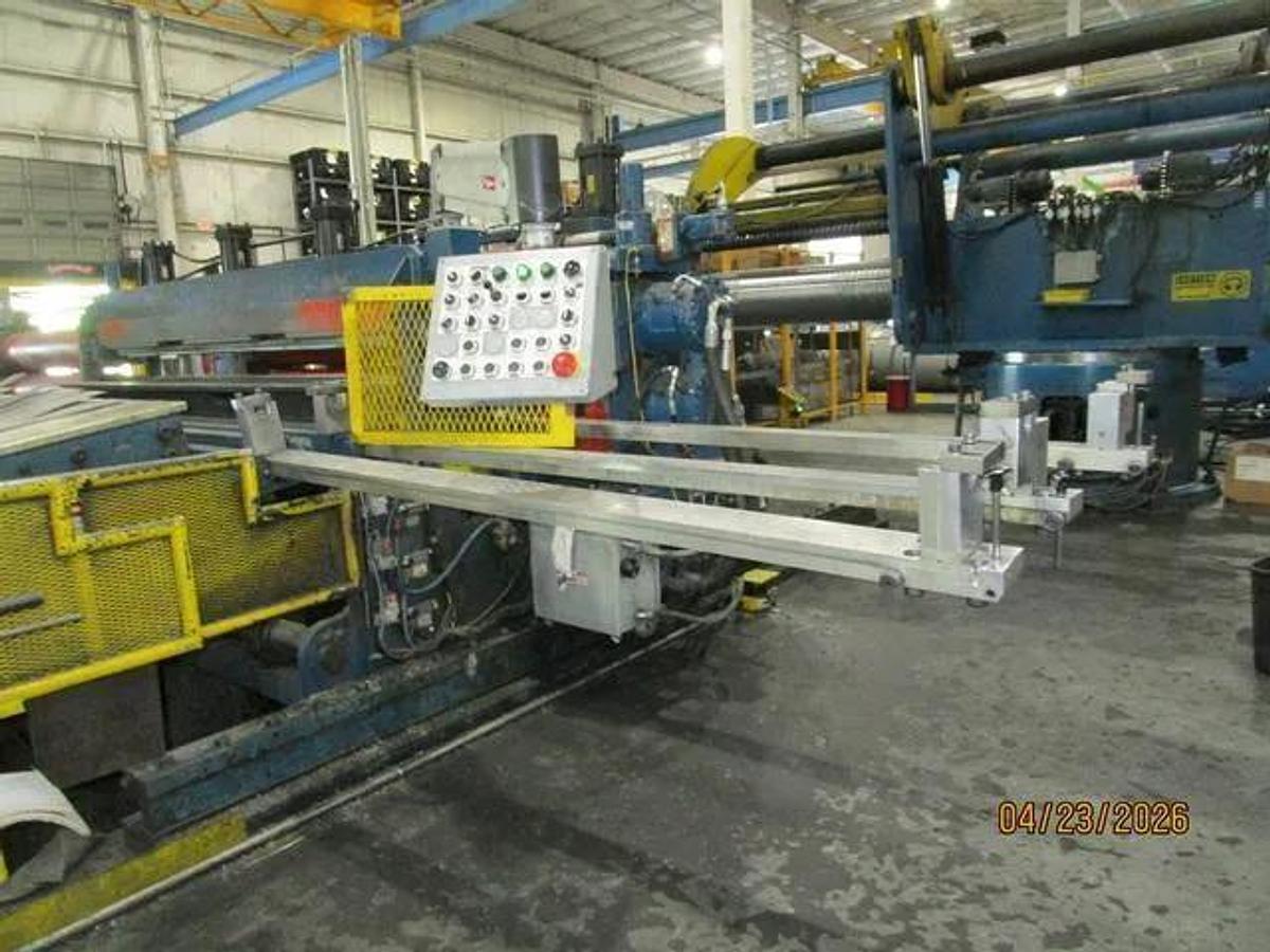 Used 72" x .187" x 50,000 Lb Chicago Triple Injector Head / Turret Recoiler Loop Slitting Line with Braner Banding Line