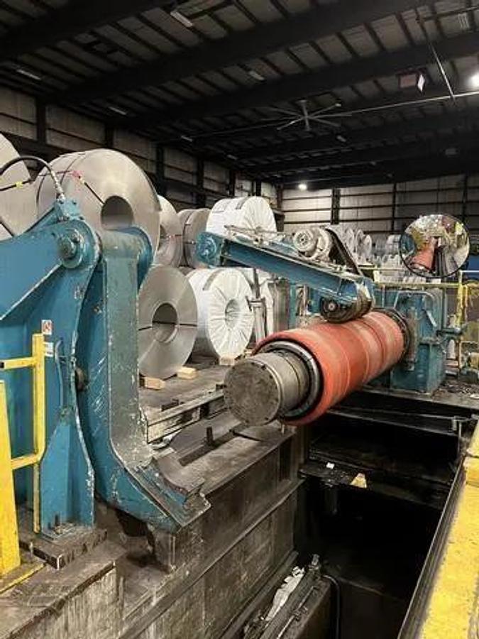 Used 72" x 60,000# Uncoiler with Hold Down Roll and Mandrel Support Arm