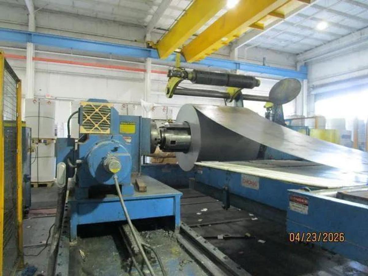 Used 72" x .187" x 50,000 Lb Chicago Triple Injector Head / Turret Recoiler Loop Slitting Line with Braner Banding Line