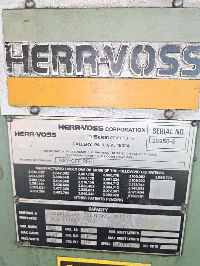 Used 60” x 40,000 lbs Herr-Voss Uncoiler