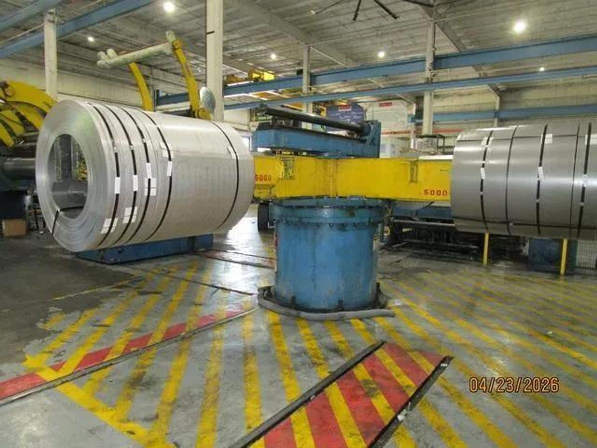 Used 72" x .187" x 50,000 Lb Chicago Triple Injector Head / Turret Recoiler Loop Slitting Line with Braner Banding Line