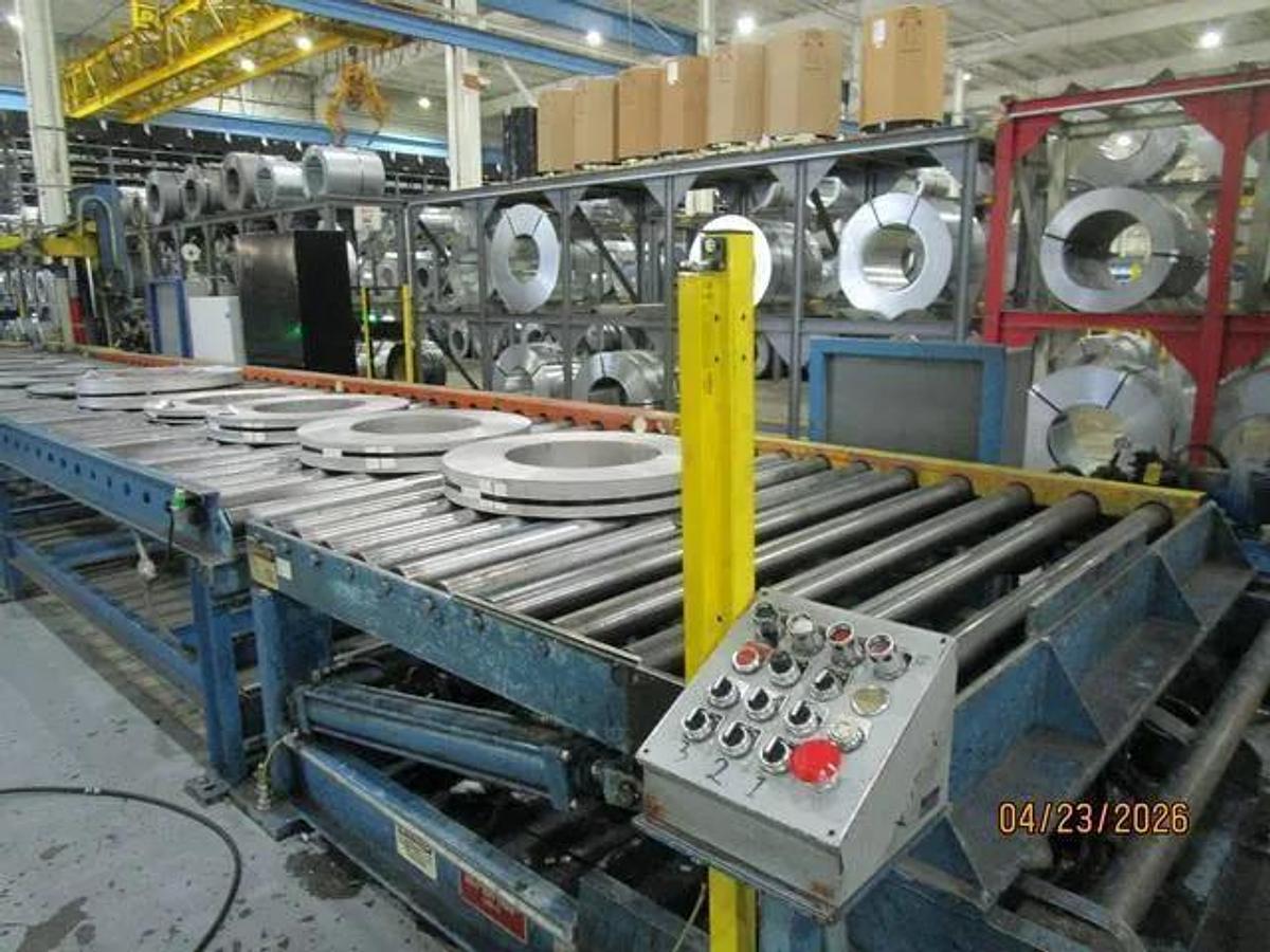 Used 72" x .187" x 50,000 Lb Chicago Triple Injector Head / Turret Recoiler Loop Slitting Line with Braner Banding Line