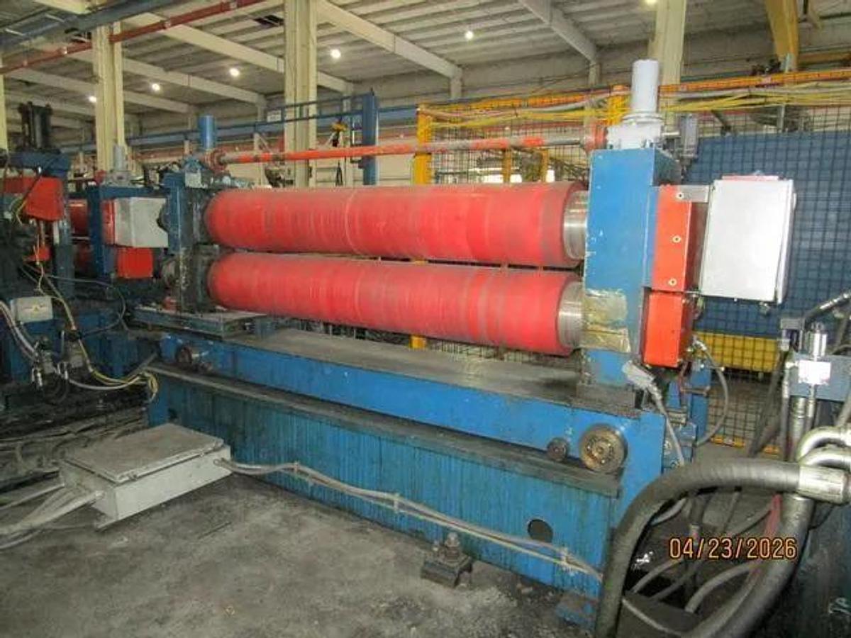 Used 72" x .187" x 50,000 Lb Chicago Triple Injector Head / Turret Recoiler Loop Slitting Line with Braner Banding Line