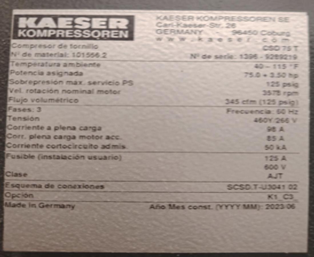 Used 125 HP Kaeser CSD75T Rotary Screw Air Compressor with Dryer