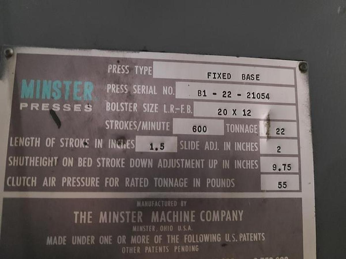 Used Minster B1-22 Ton Punch Press with Air Clutch & Air Brake & Light Curtain