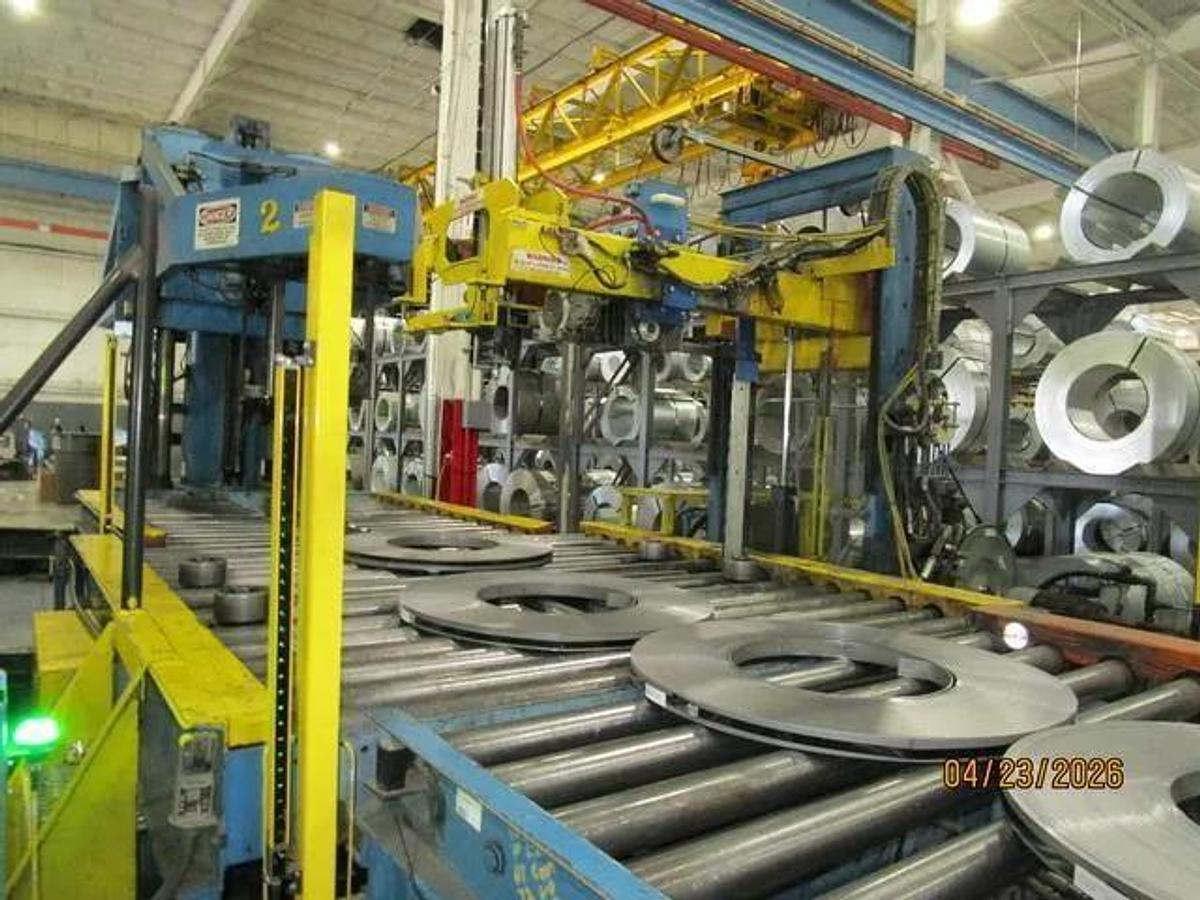 Used 72" x .187" x 50,000 Lb Chicago Triple Injector Head / Turret Recoiler Loop Slitting Line with Braner Banding Line
