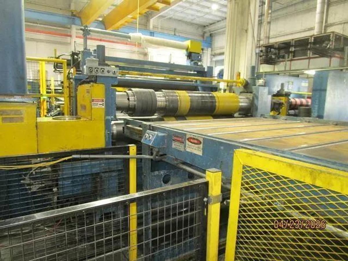 Used 72" x .187" x 50,000 Lb Chicago Triple Injector Head / Turret Recoiler Loop Slitting Line with Braner Banding Line