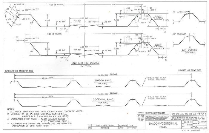 Used 14 STAND x 3.5" x 48" BRADBURY "36" SHADOW WALL PANEL" RAFTED ROLLFORMER