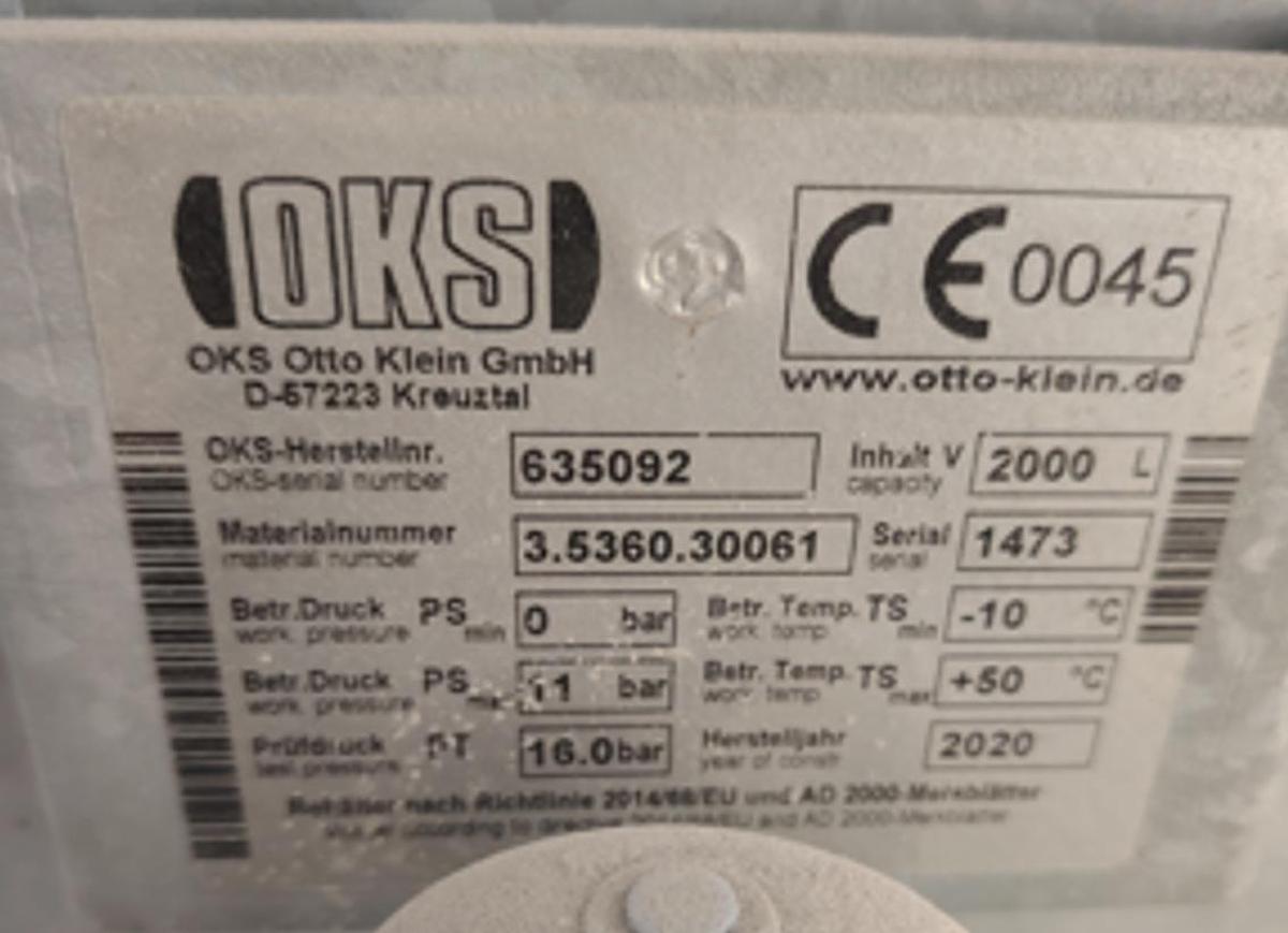 Used 528 Gallon OKS Air Receiver Tank (2000 Liters)