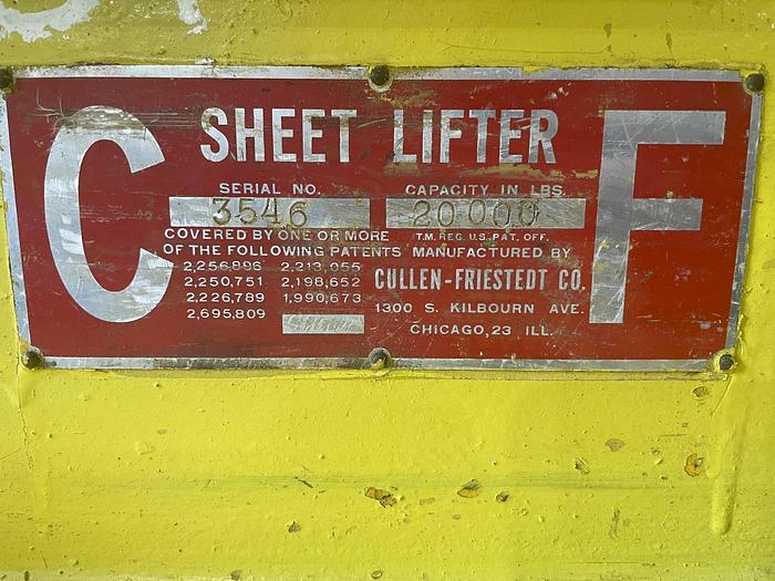 Used 20,000 LB X 84" X 32" TO 62" WIDE CF CULLEN FRIESTEDT ADJUSTABLE PARALLELOGRAM SHEET LIFTER
