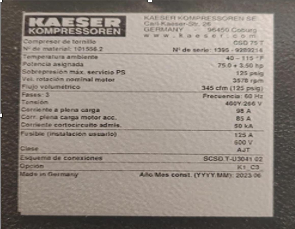 Used 125 HP Kaeser CSD75T Rotary Screw Air Compressor with Dryer