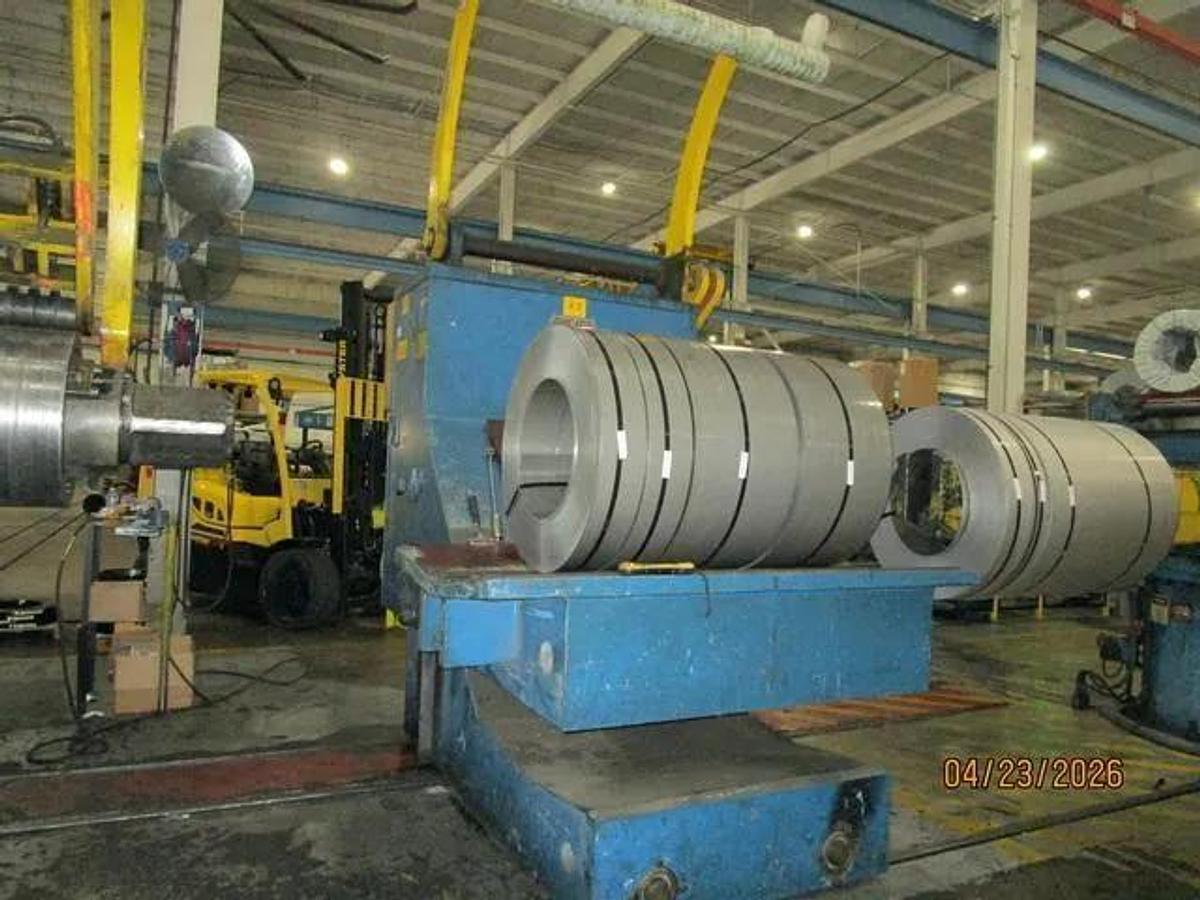 Used 72" x .187" x 50,000 Lb Chicago Triple Injector Head / Turret Recoiler Loop Slitting Line with Braner Banding Line