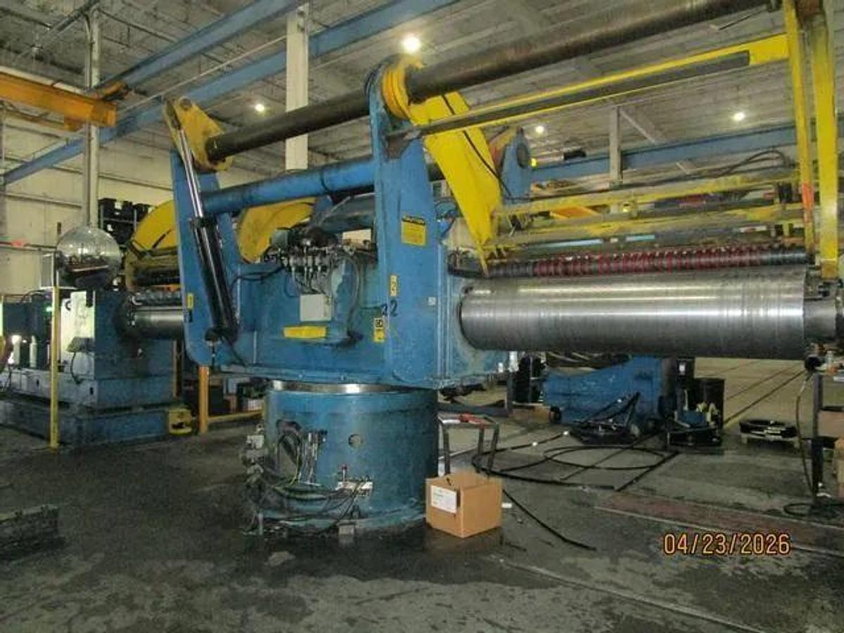 Used 72" x .187" x 50,000 Lb Chicago Triple Injector Head / Turret Recoiler Loop Slitting Line with Braner Banding Line