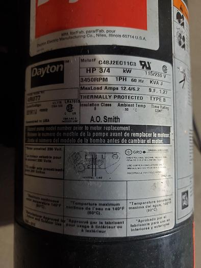 Used Dayton Centrifugal Pump Model 4RU77 3/4HP Motor# C48J2EC11C3 (BRE3)