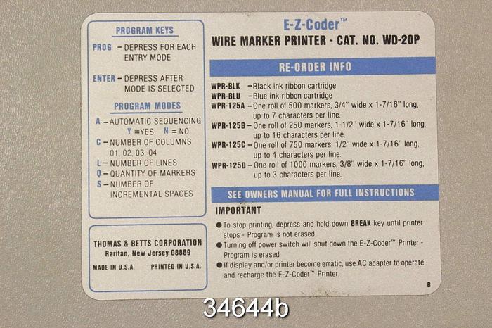 Used Thomas and Betts E-Z-Coder WD-20P Wire Marker Printer #34644