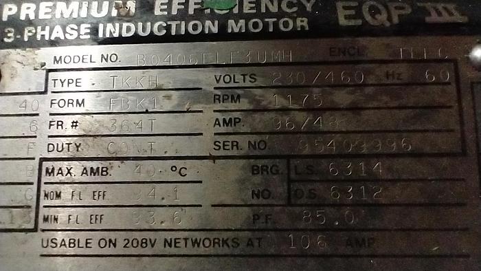 Used TOSHIBA EQP 3PH 40HP WEG Electric Motor 208-230-460 VAC 1175RPM GH0-0