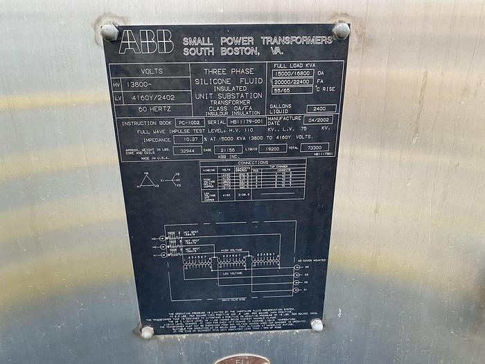 Used ABB TRANSFORMER 15,000 / 16,800 KVA SILICONE INSULATED MFG.  2002