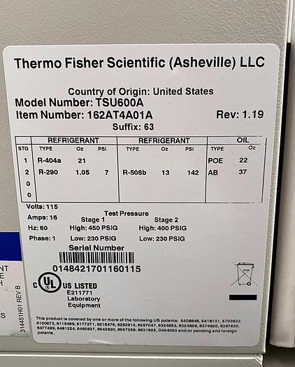 Used Thermo Scientific TSU600A Ultra-Low Temperature Freezer -86°C 28.8 Cu Ft
