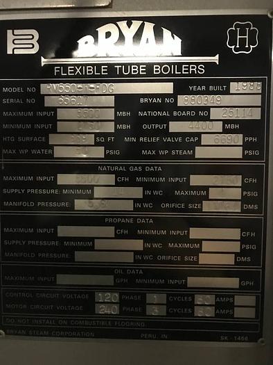 Used 165 HP Bryan Flexible Tube 50 PSI Steam Boiler 1988 Model RV550-W-FDG