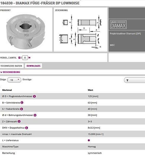 Used 2010 LEUCO DIAMAX jointing cutter DP for Homag edge banding machines.