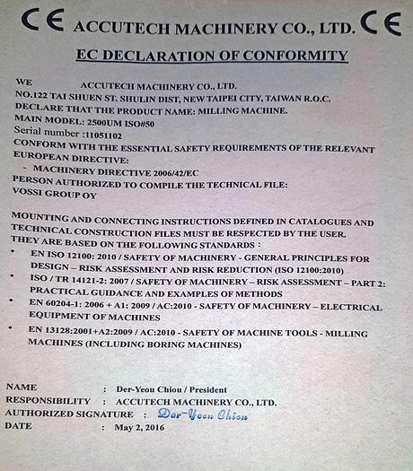 Used 2016 ACCUTECH Machinery CO UNIVERSAL MILLING MACHINE 2500 UM