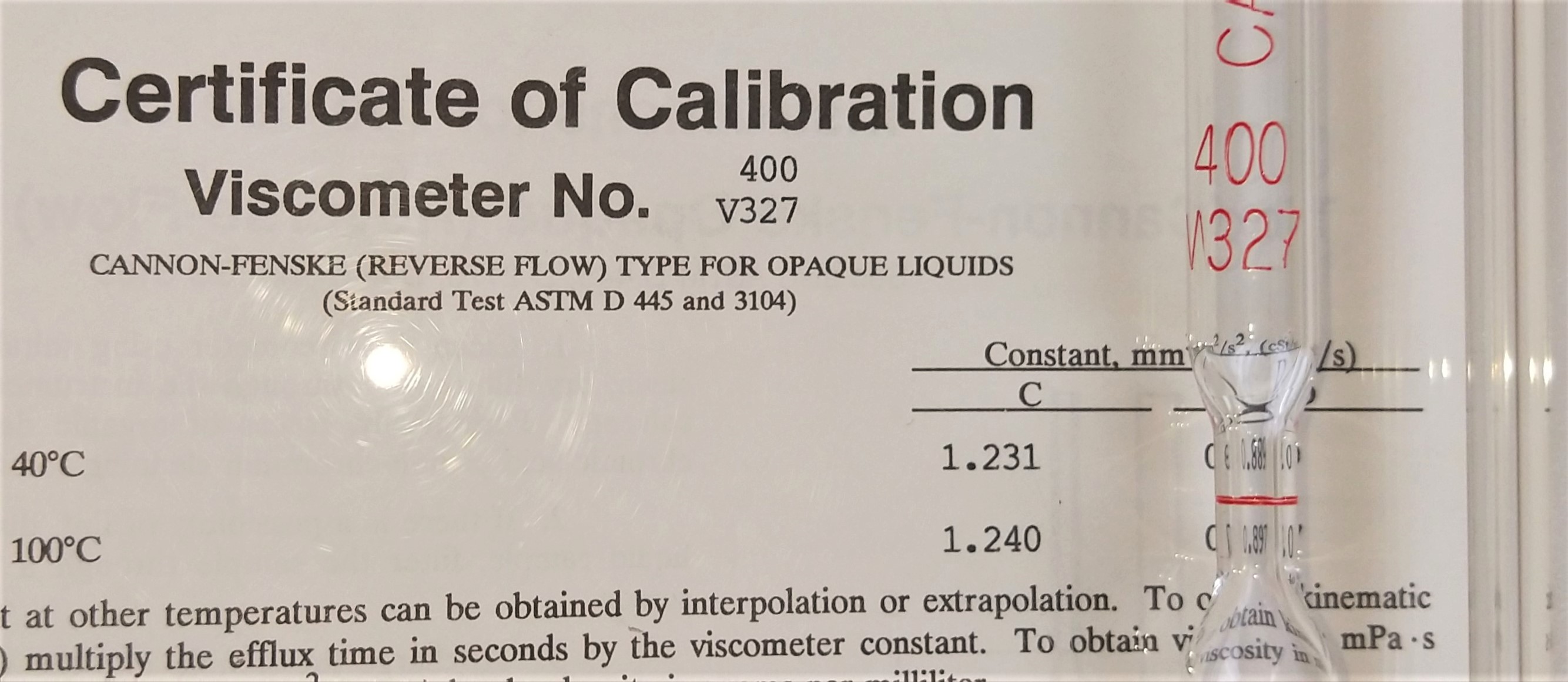 Used Cannon-Fenske CFOC-400 (9721-F74) Certified Opaque Viscometer Tube - Size 400