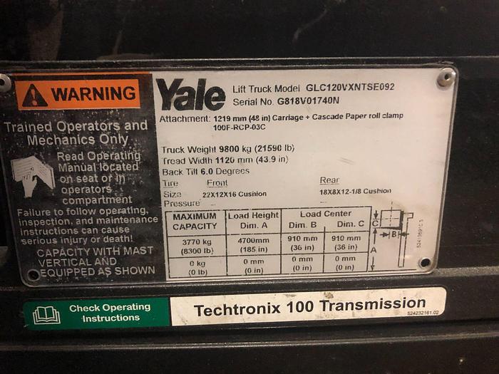 Used 12,000 POUND YALE ROLL CLAMP TRUCK MODEL GLC120VXPRS W/ 72" CLAMP MFG. 2015 5,500 HOURS